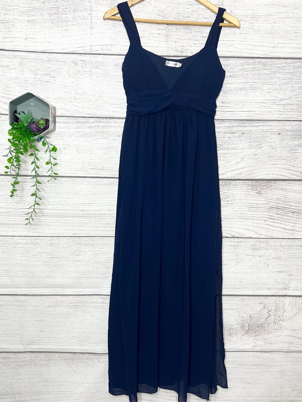 Navy Blue Sleeveless Empire Waist Leg Slit Maxi Dress Evening Gown Size Small